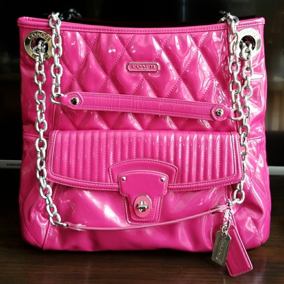Coach Handbags - Coach Pink Poppy Quilted Patent Leather Slim Tote